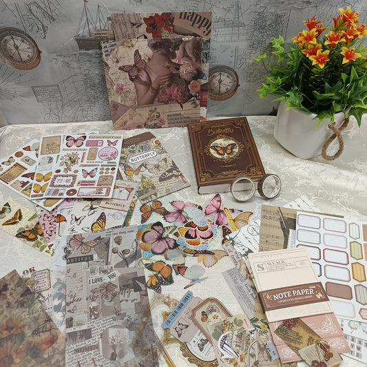 Natural Butterfly Series Scrapbook Gift Set – Nature Whisper | Vintage Butterfly Stationery Collection with Journal, Stickers, Papers & Washi Tape